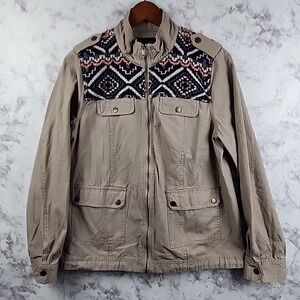 Blu Pepper Womens Khaki Utility Jacket Southwestern Knit Yoke Boho Tan‎ Full Zip